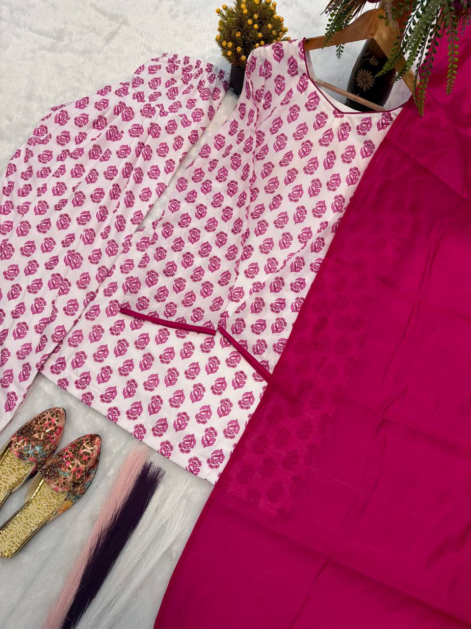 Charming Pink Floral Block Print Peplum Kurti and Wide-Leg Palazzo Suit Set Featuring an Elegant Tie-Up Back and Solid Vibrant Dupatta